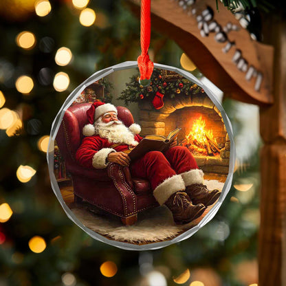 Netecom Santa Claus Asleep by Fireplace Glass Ornament – Cozy Armchair Scene, Christmas Tree Decor & Keepsake Gift, 3-inch