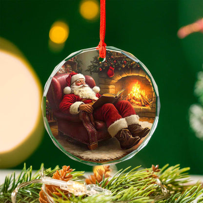 Netecom Santa Claus Asleep by Fireplace Glass Ornament – Cozy Armchair Scene, Christmas Tree Decor & Keepsake Gift, 3-inch
