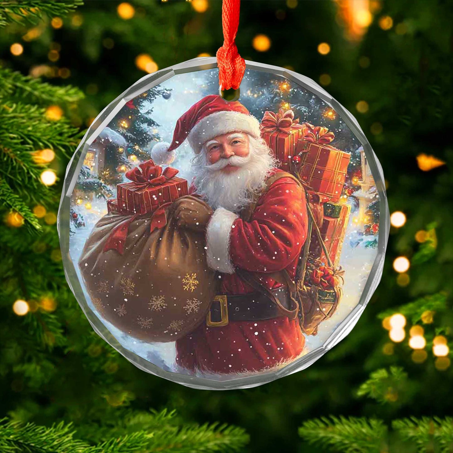 Netecom Santa Claus Delivering Gifts Glass Ornament – Heavy Load of Presents, Snowy Christmas Eve Scene, 3-inch