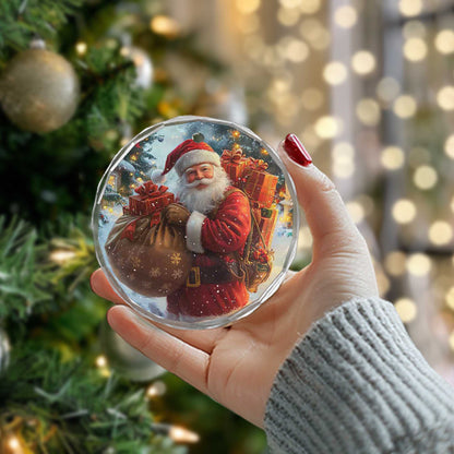Netecom Santa Claus Delivering Gifts Glass Ornament – Heavy Load of Presents, Snowy Christmas Eve Scene, 3-inch