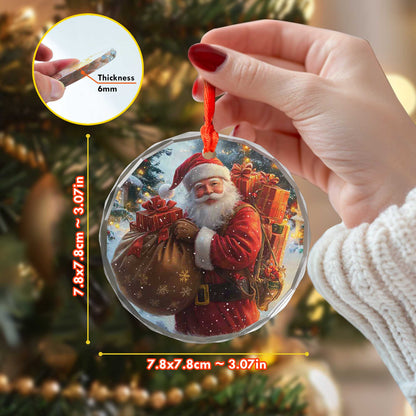 Netecom Santa Claus Delivering Gifts Glass Ornament – Heavy Load of Presents, Snowy Christmas Eve Scene, 3-inch