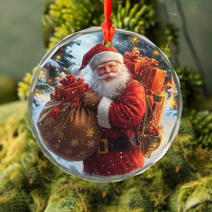 Netecom Santa Claus Delivering Gifts Glass Ornament – Heavy Load of Presents, Snowy Christmas Eve Scene, 3-inch
