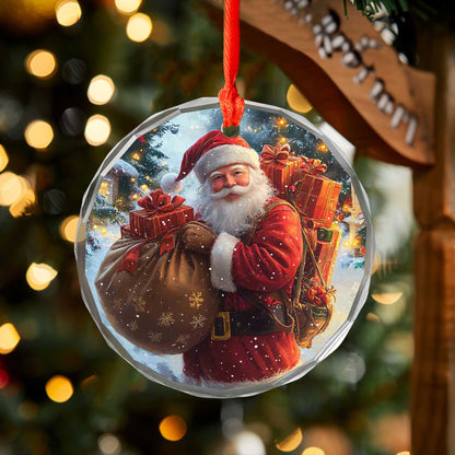 Netecom Santa Claus Delivering Gifts Glass Ornament – Heavy Load of Presents, Snowy Christmas Eve Scene, 3-inch