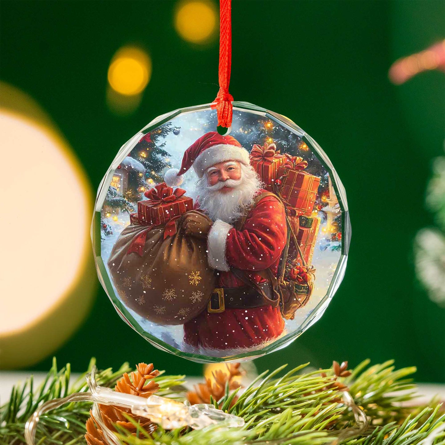 Netecom Santa Claus Delivering Gifts Glass Ornament – Heavy Load of Presents, Snowy Christmas Eve Scene, 3-inch