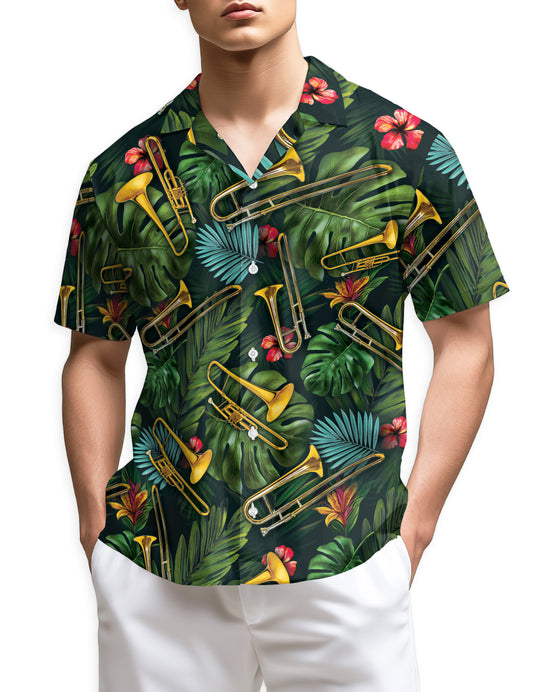 Netecom Tropical Trombone Pattern Hawaiian Shirt for Men, Musical Instruments Button Down Summer Beach Shirts