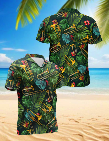 Netecom Tropical Trombone Pattern Hawaiian Shirt for Men, Musical Instruments Button Down Summer Beach Shirts