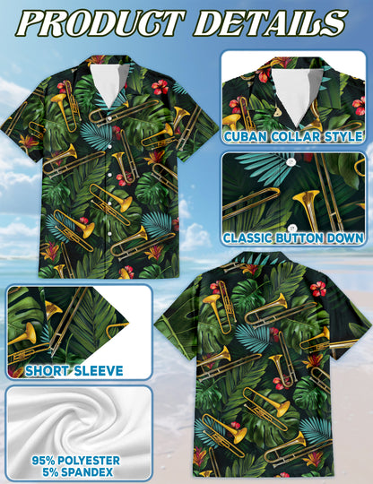 Netecom Tropical Trombone Pattern Hawaiian Shirt for Men, Musical Instruments Button Down Summer Beach Shirts