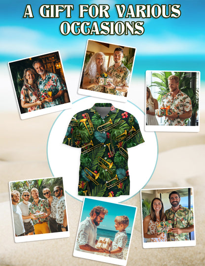 Netecom Tropical Trombone Pattern Hawaiian Shirt for Men, Musical Instruments Button Down Summer Beach Shirts