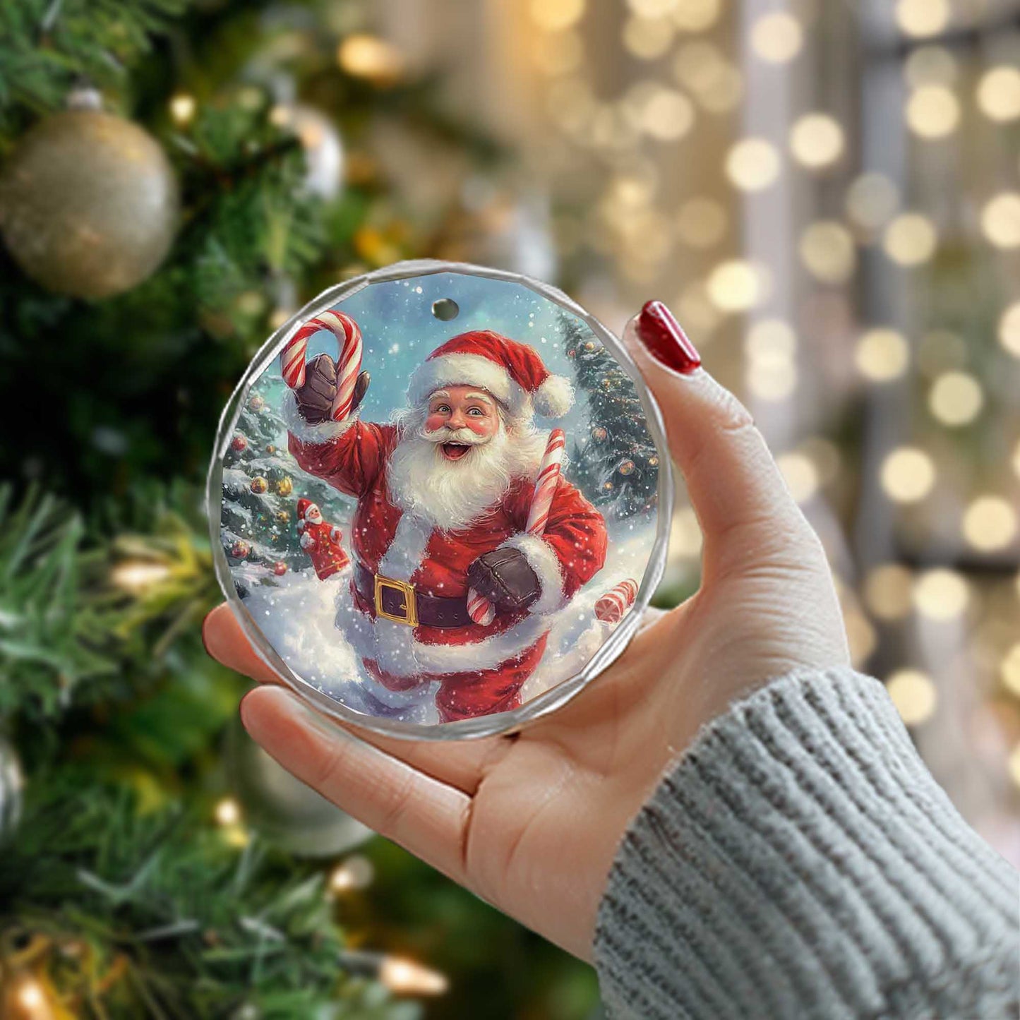 Netecom Festive Santa with Candy Canes Ornament – Snowy Wonderland Christmas Tree Decor, Classic Holiday Keepsake, 3-inch