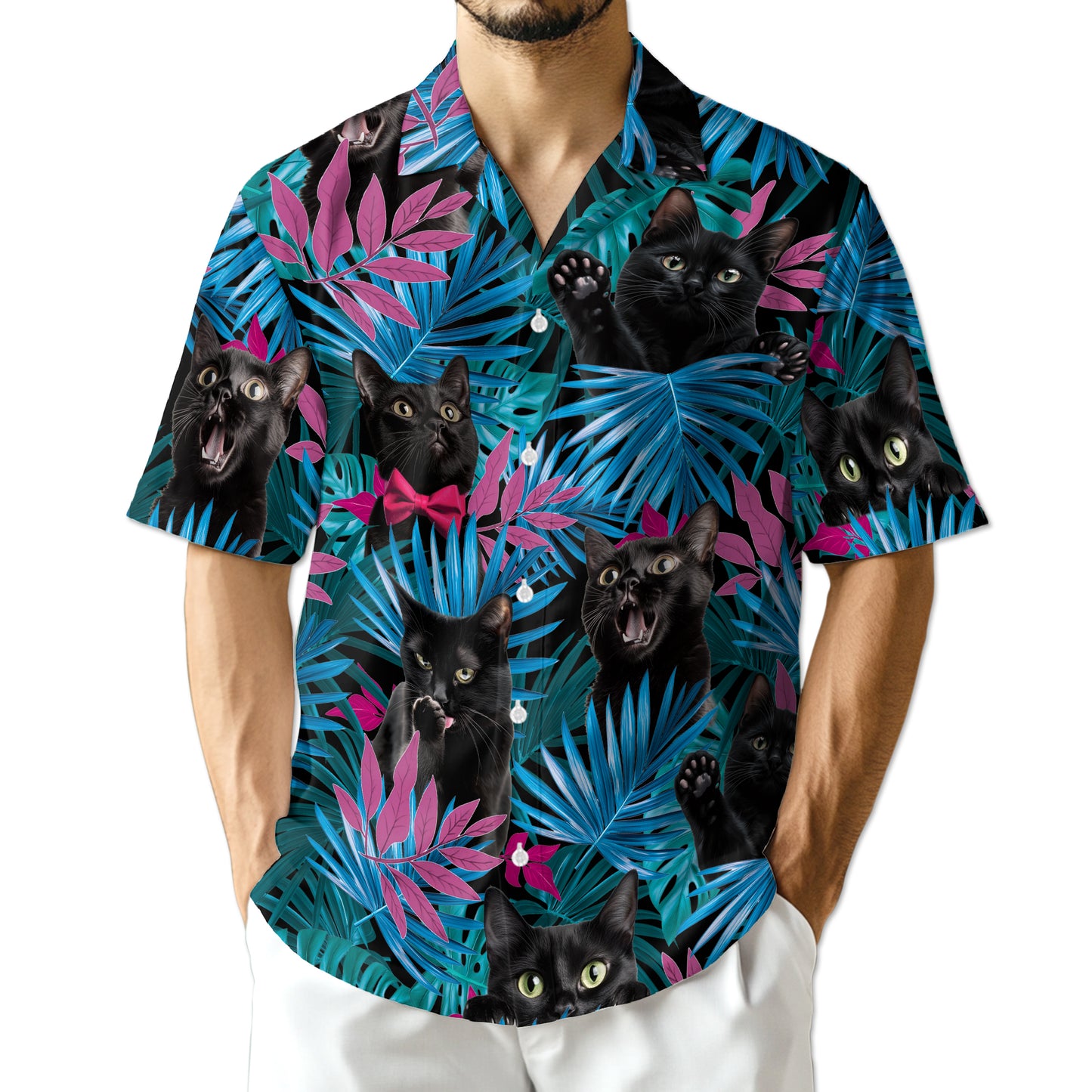 Netecom Tropical Black Cat Hawaiian Shirt for Men, Cat Lover Gifts, Animal Button Down Summer Beach Short Sleeve Shirts