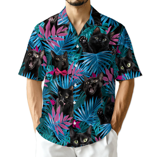 Netecom Tropical Black Cat Hawaiian Shirt for Men, Cat Lover Gifts, Animal Button Down Summer Beach Short Sleeve Shirts