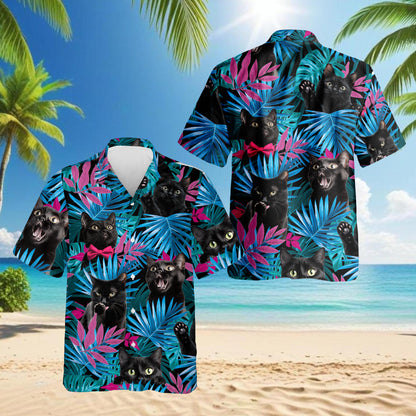 Netecom Tropical Black Cat Hawaiian Shirt for Men, Cat Lover Gifts, Animal Button Down Summer Beach Short Sleeve Shirts
