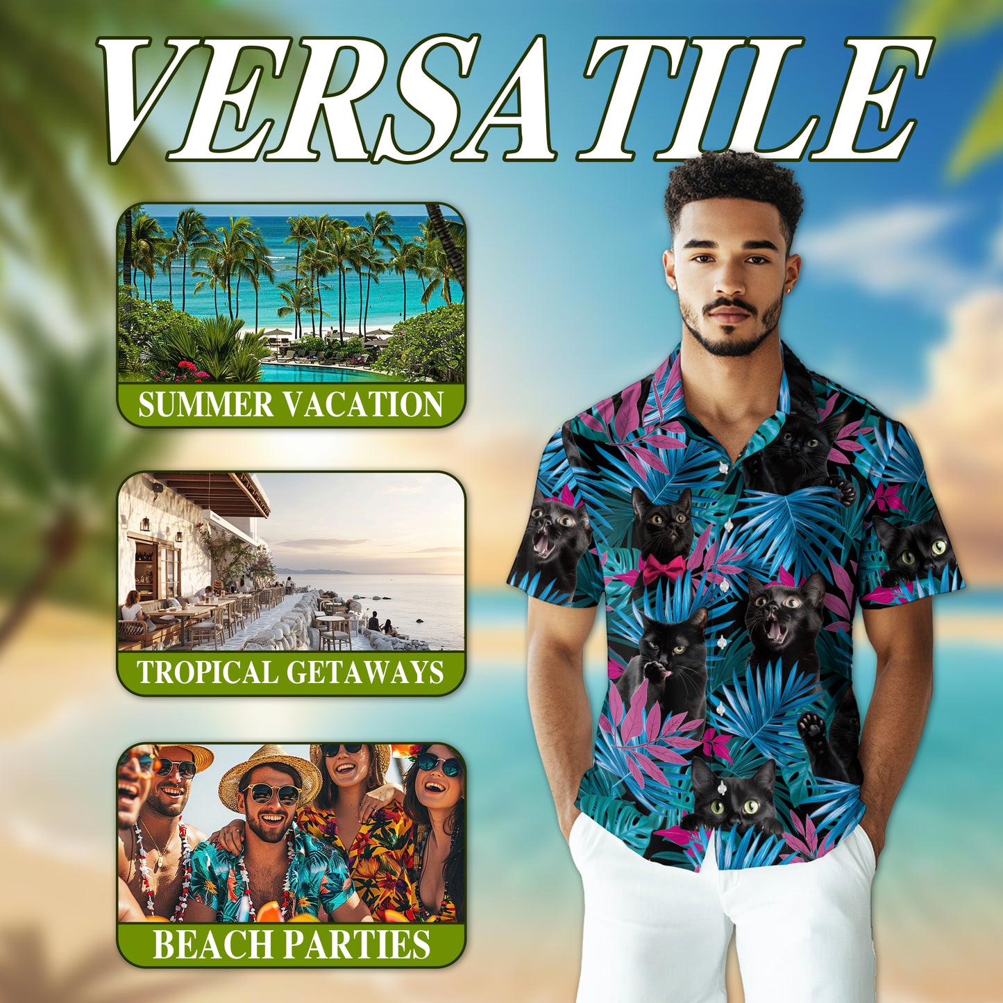 Netecom Tropical Black Cat Hawaiian Shirt for Men, Cat Lover Gifts, Animal Button Down Summer Beach Short Sleeve Shirts