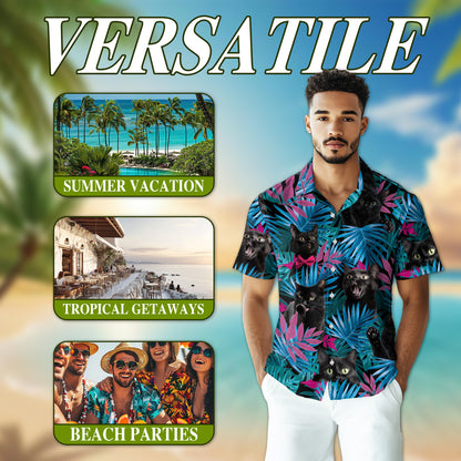 Netecom Tropical Black Cat Hawaiian Shirt for Men, Cat Lover Gifts, Animal Button Down Summer Beach Short Sleeve Shirts