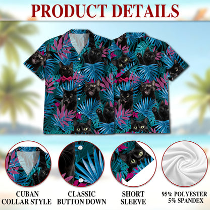 Netecom Tropical Black Cat Hawaiian Shirt for Men, Cat Lover Gifts, Animal Button Down Summer Beach Short Sleeve Shirts