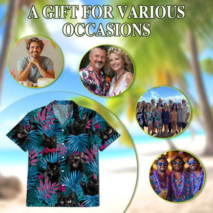Netecom Tropical Black Cat Hawaiian Shirt for Men, Cat Lover Gifts, Animal Button Down Summer Beach Short Sleeve Shirts