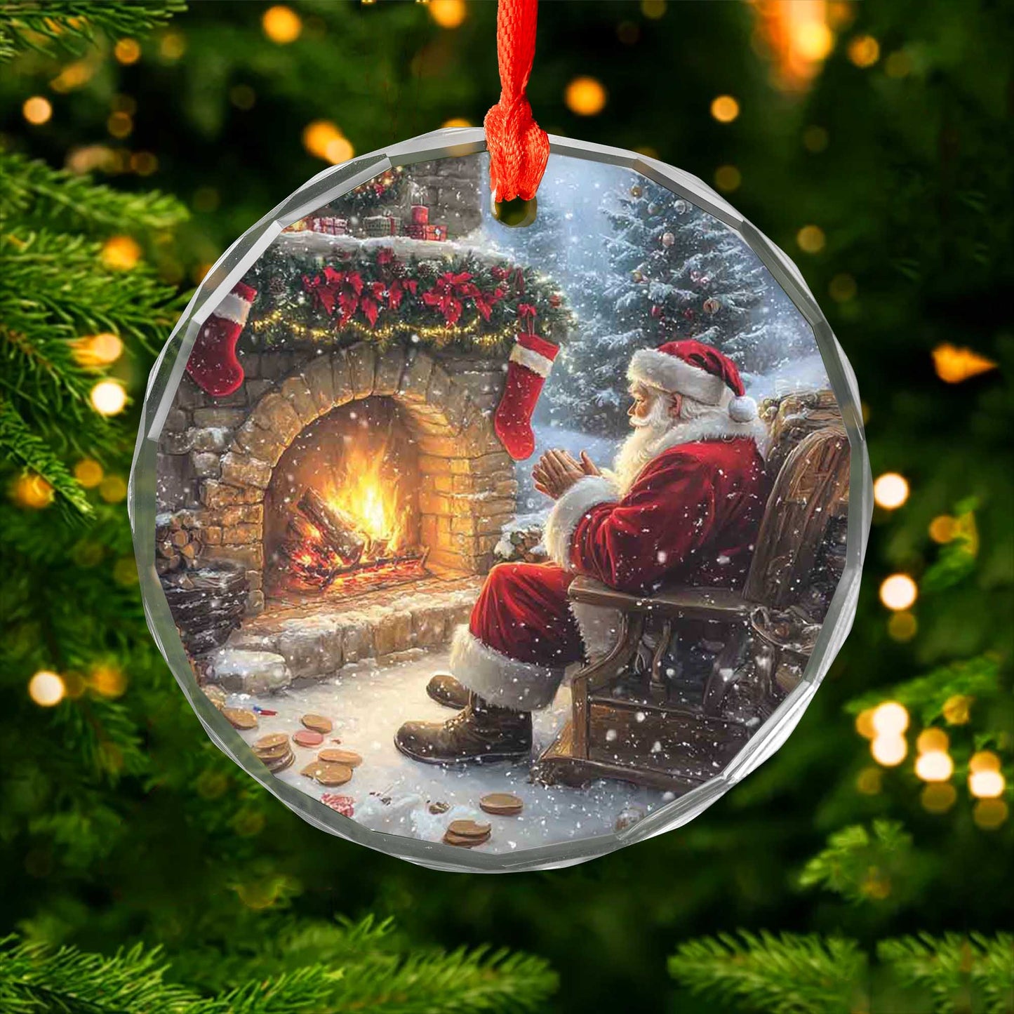 Netecom Santa Warming Hands by Fireplace Glass Ornament – Cozy Christmas Eve Scene, Stockings & Cookies Decor, 3-inch