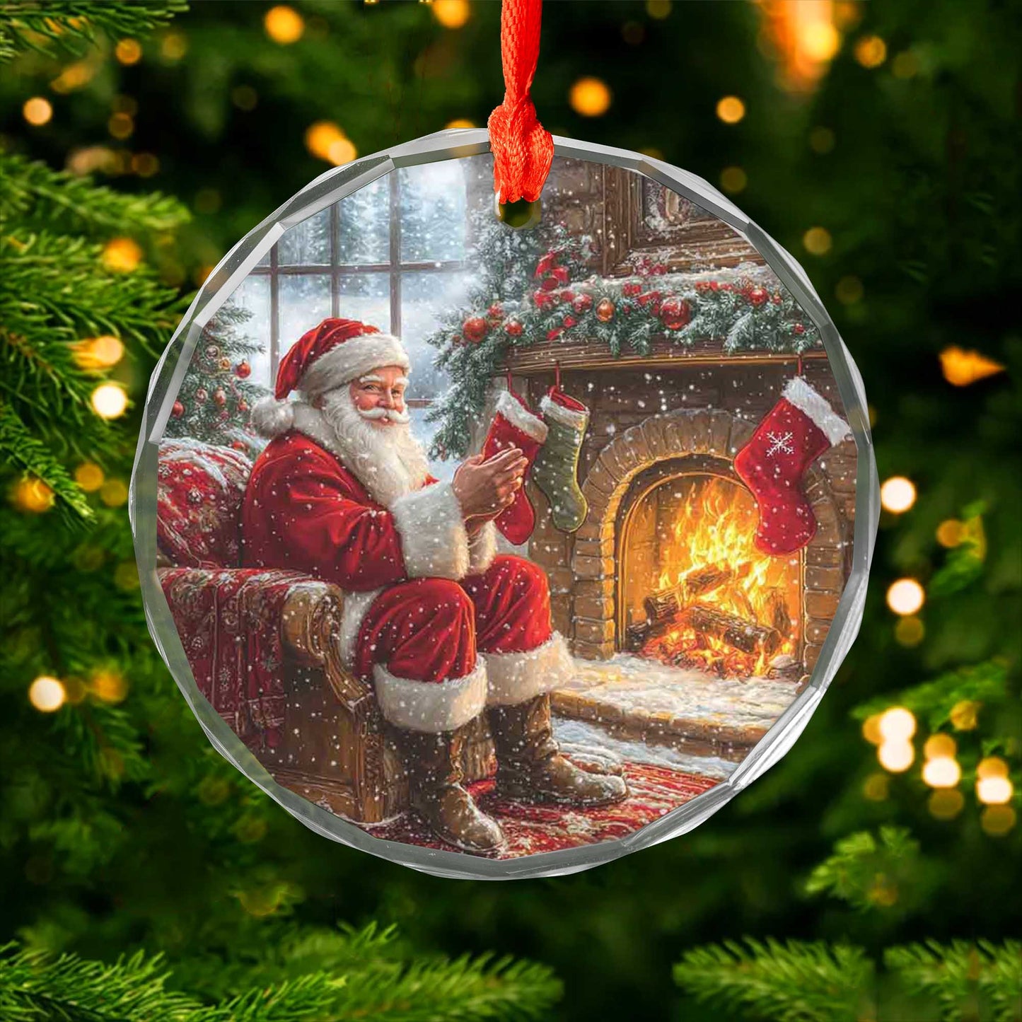 Netecom Santa by Stone Fireplace Glass Ornament – Christmas Tree Decor, Peaceful Holiday Keepsake & Gift, 3-inch