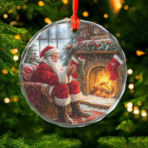 Netecom Santa by Stone Fireplace Glass Ornament – Christmas Tree Decor, Peaceful Holiday Keepsake & Gift, 3-inch