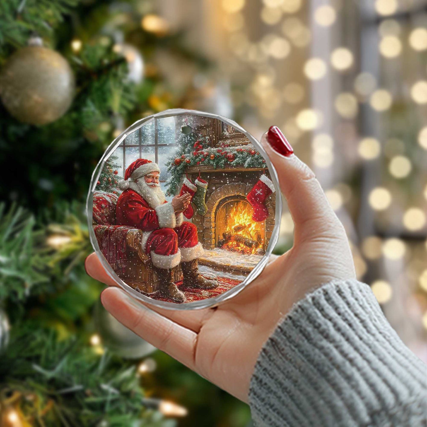 Netecom Santa by Stone Fireplace Glass Ornament – Christmas Tree Decor, Peaceful Holiday Keepsake & Gift, 3-inch