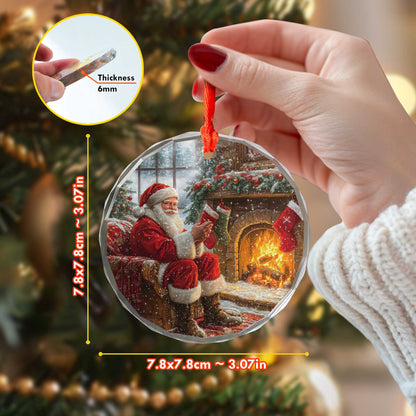 Netecom Santa by Stone Fireplace Glass Ornament – Christmas Tree Decor, Peaceful Holiday Keepsake & Gift, 3-inch