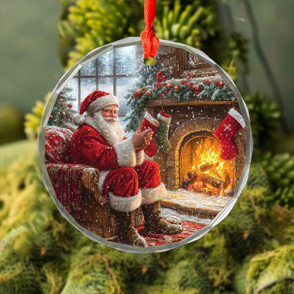 Netecom Santa by Stone Fireplace Glass Ornament – Christmas Tree Decor, Peaceful Holiday Keepsake & Gift, 3-inch