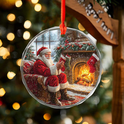 Netecom Santa by Stone Fireplace Glass Ornament – Christmas Tree Decor, Peaceful Holiday Keepsake & Gift, 3-inch