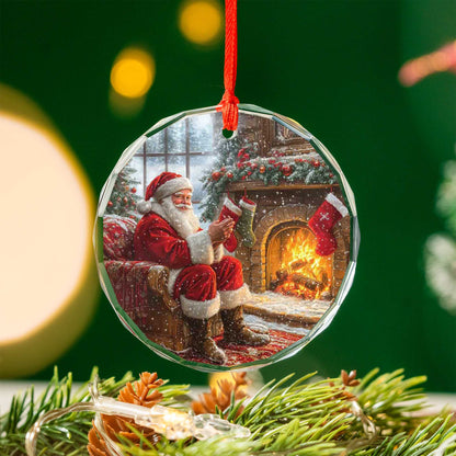 Netecom Santa by Stone Fireplace Glass Ornament – Christmas Tree Decor, Peaceful Holiday Keepsake & Gift, 3-inch