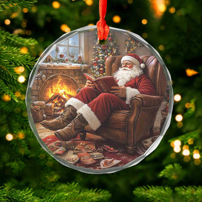 Netecom Cozy Santa Reading Christmas Story Glass Ornament – Fireplace Armchair Scene, Holiday Keepsake Gift, 3-inch