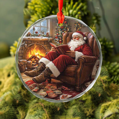 Netecom Cozy Santa Reading Christmas Story Glass Ornament – Fireplace Armchair Scene, Holiday Keepsake Gift, 3-inch