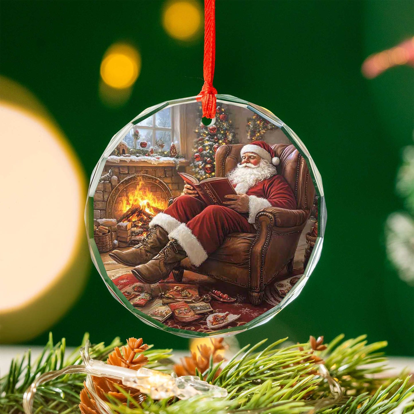 Netecom Cozy Santa Reading Christmas Story Glass Ornament – Fireplace Armchair Scene, Holiday Keepsake Gift, 3-inch