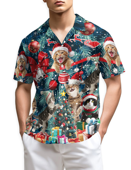 Netecom Christmas Cat Hawaiian Shirt for Men, Funny Kitten Santa Gift Tree Button Down Short Sleeve Shirt