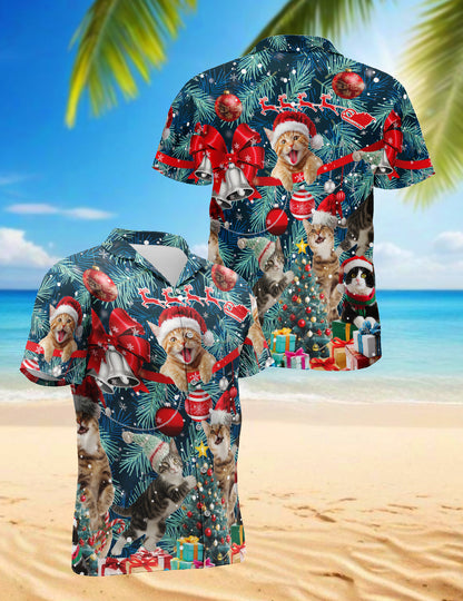 Netecom Christmas Cat Hawaiian Shirt for Men, Funny Kitten Santa Gift Tree Button Down Short Sleeve Shirt