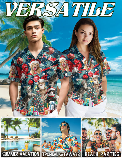 Netecom Christmas Cat Hawaiian Shirt for Men, Funny Kitten Santa Gift Tree Button Down Short Sleeve Shirt