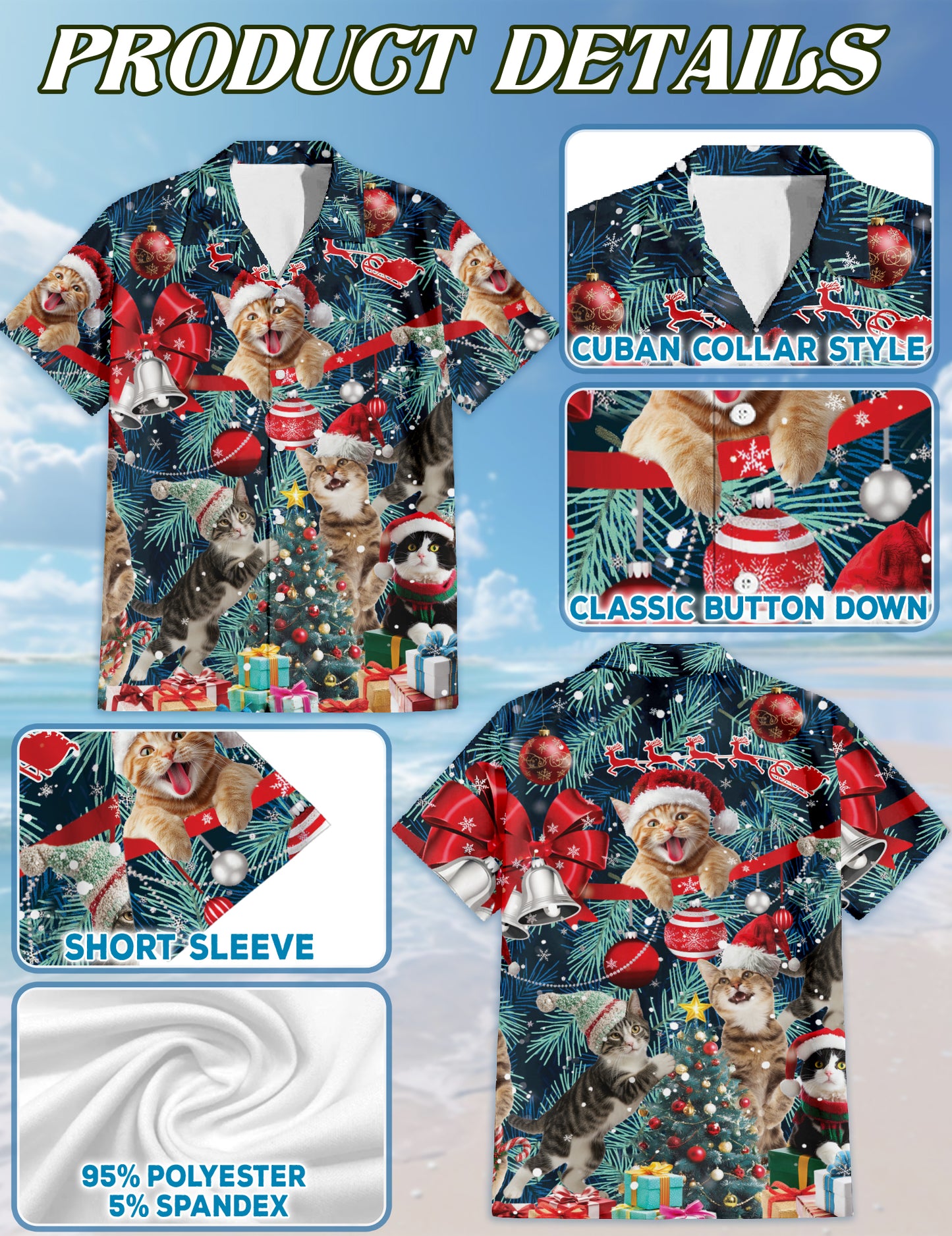 Netecom Christmas Cat Hawaiian Shirt for Men, Funny Kitten Santa Gift Tree Button Down Short Sleeve Shirt