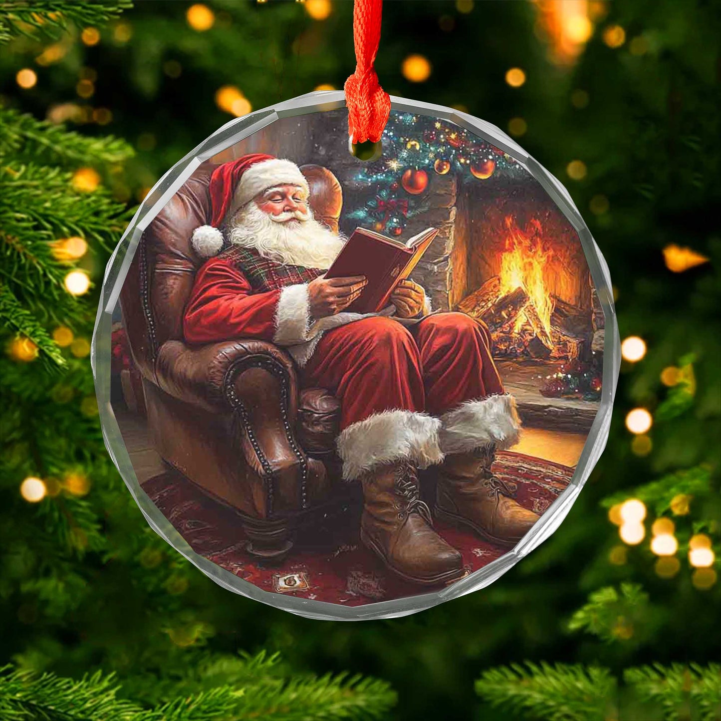 Netecom Cozy Santa Reading by Fireplace Glass Ornament – Classic Armchair Scene, Traditional Christmas Tree Decor, 3-inch