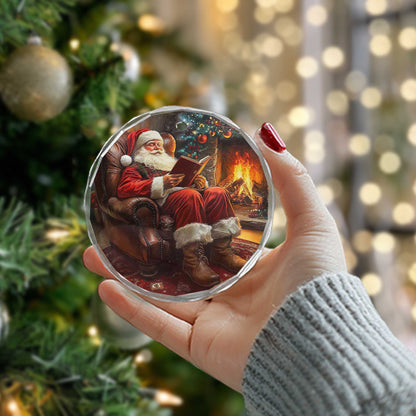 Netecom Cozy Santa Reading by Fireplace Glass Ornament – Classic Armchair Scene, Traditional Christmas Tree Decor, 3-inch