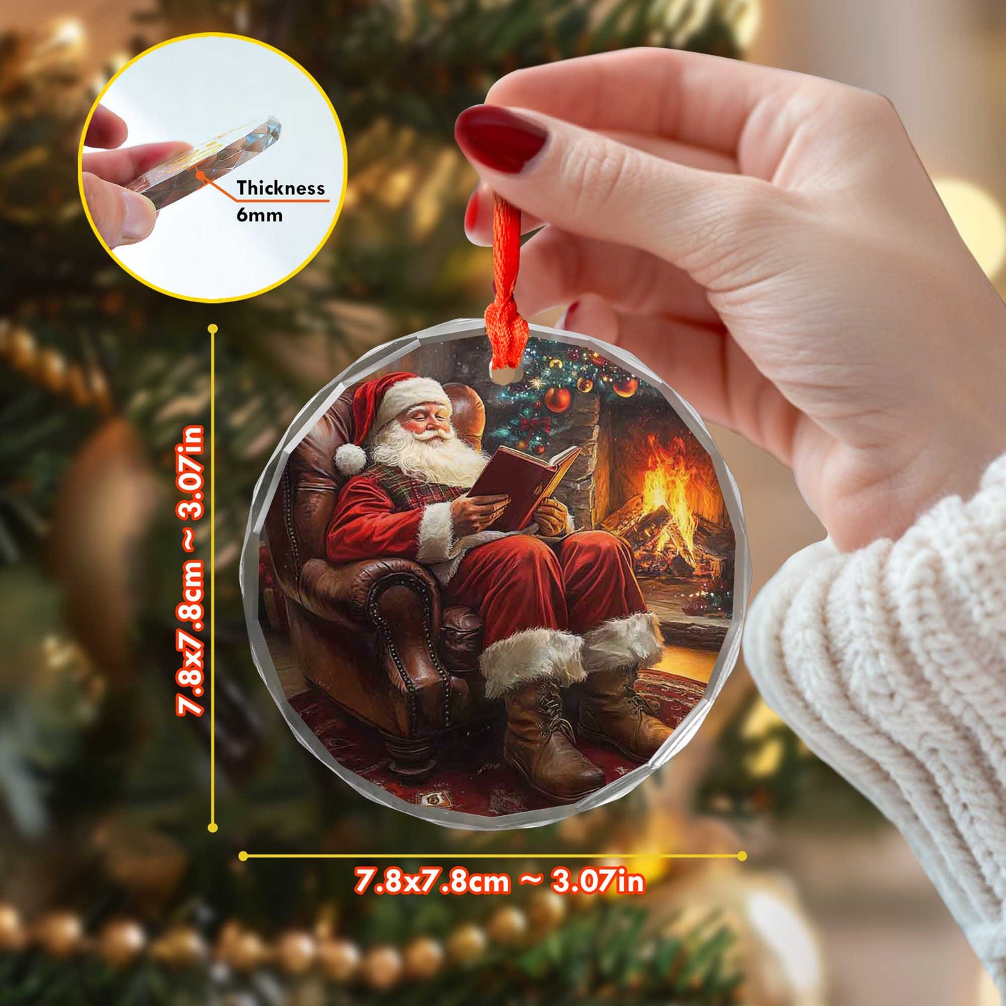 Netecom Cozy Santa Reading by Fireplace Glass Ornament – Classic Armchair Scene, Traditional Christmas Tree Decor, 3-inch