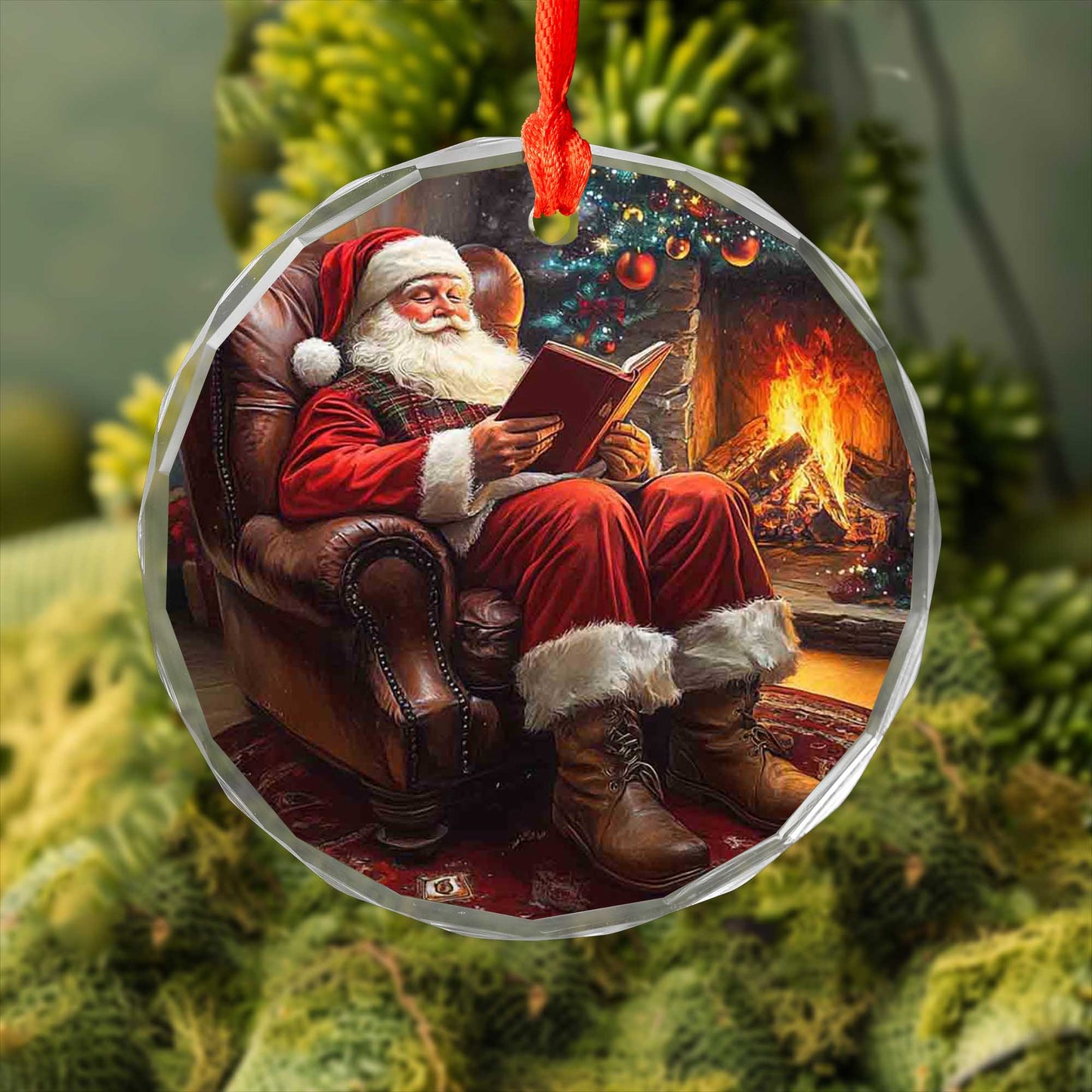 Netecom Cozy Santa Reading by Fireplace Glass Ornament – Classic Armchair Scene, Traditional Christmas Tree Decor, 3-inch