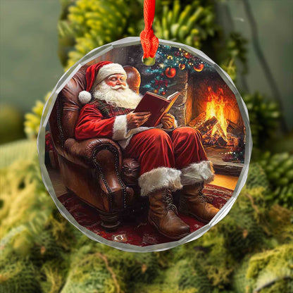 Netecom Cozy Santa Reading by Fireplace Glass Ornament – Classic Armchair Scene, Traditional Christmas Tree Decor, 3-inch