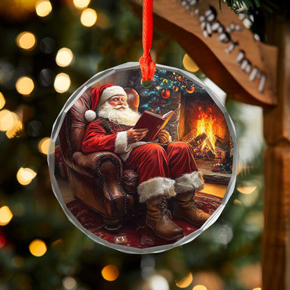 Netecom Cozy Santa Reading by Fireplace Glass Ornament – Classic Armchair Scene, Traditional Christmas Tree Decor, 3-inch