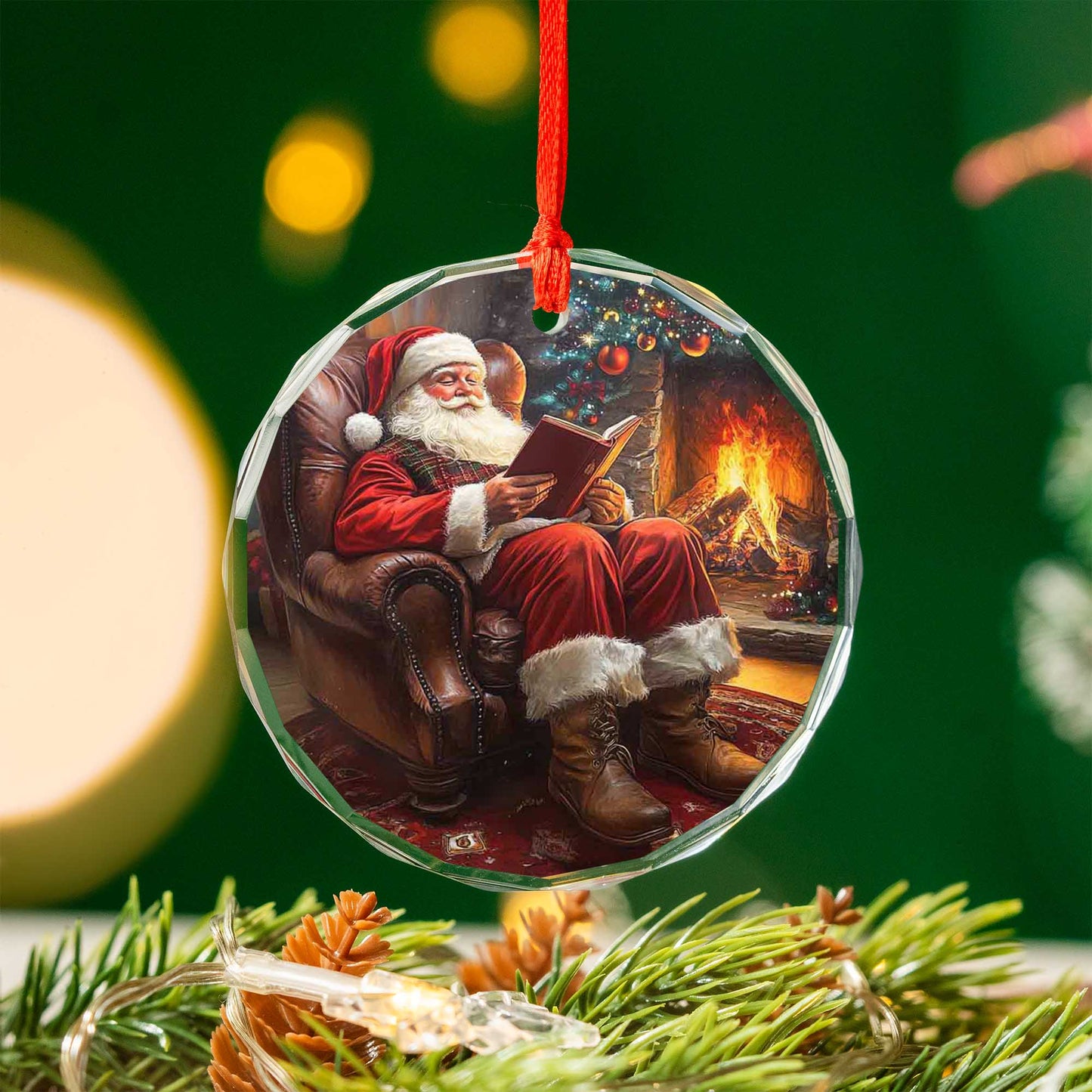 Netecom Cozy Santa Reading by Fireplace Glass Ornament – Classic Armchair Scene, Traditional Christmas Tree Decor, 3-inch