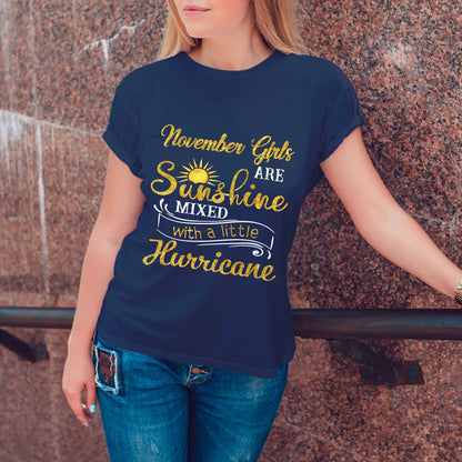 Netecom November Girls Sunshine With a Little Hurricane T-Shirt, Funny Birthday Tee for Women, Gift for November Girl