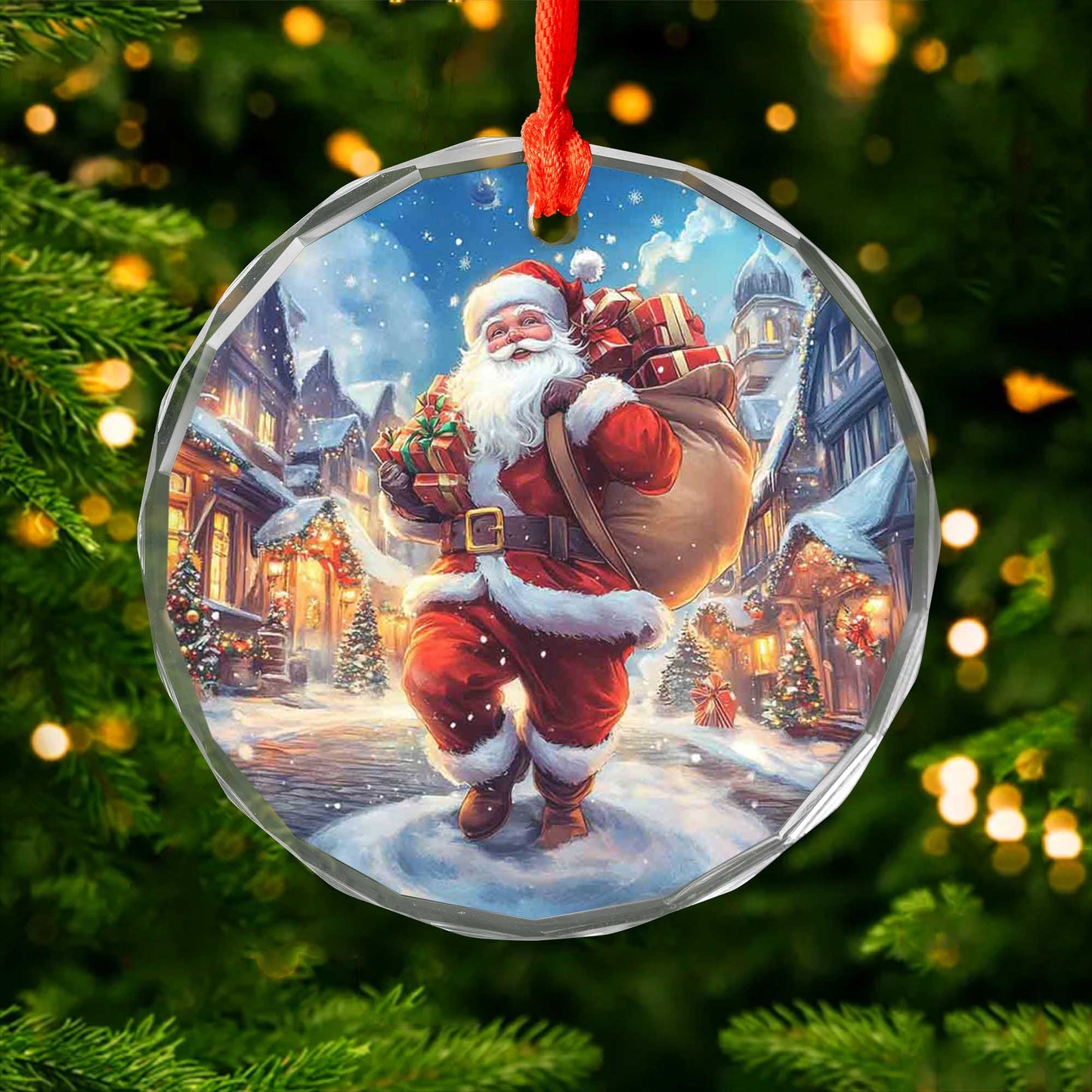 Netecom Jolly Santa Delivering Gifts Glass Ornament – Snowy Christmas Village Scene, Holiday Keepsake Gift, 3-inch