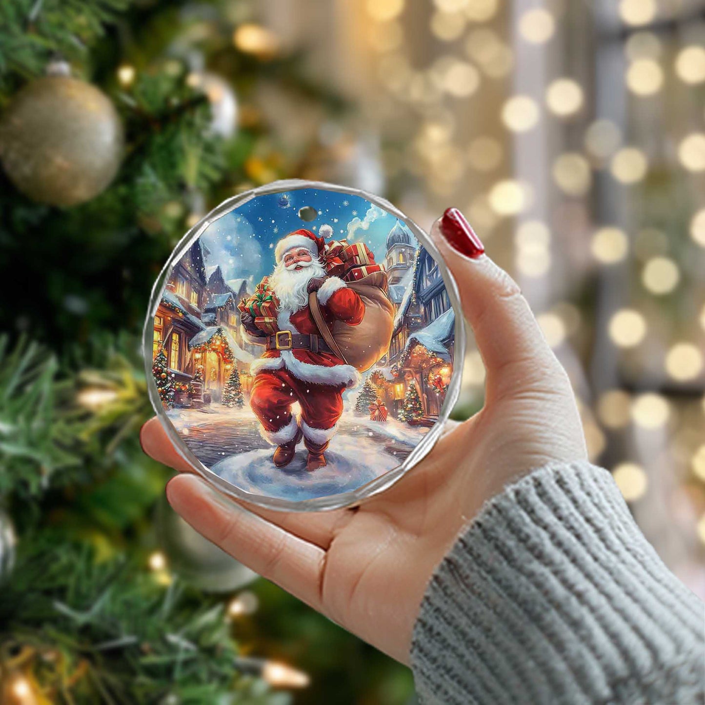 Netecom Jolly Santa Delivering Gifts Glass Ornament – Snowy Christmas Village Scene, Holiday Keepsake Gift, 3-inch