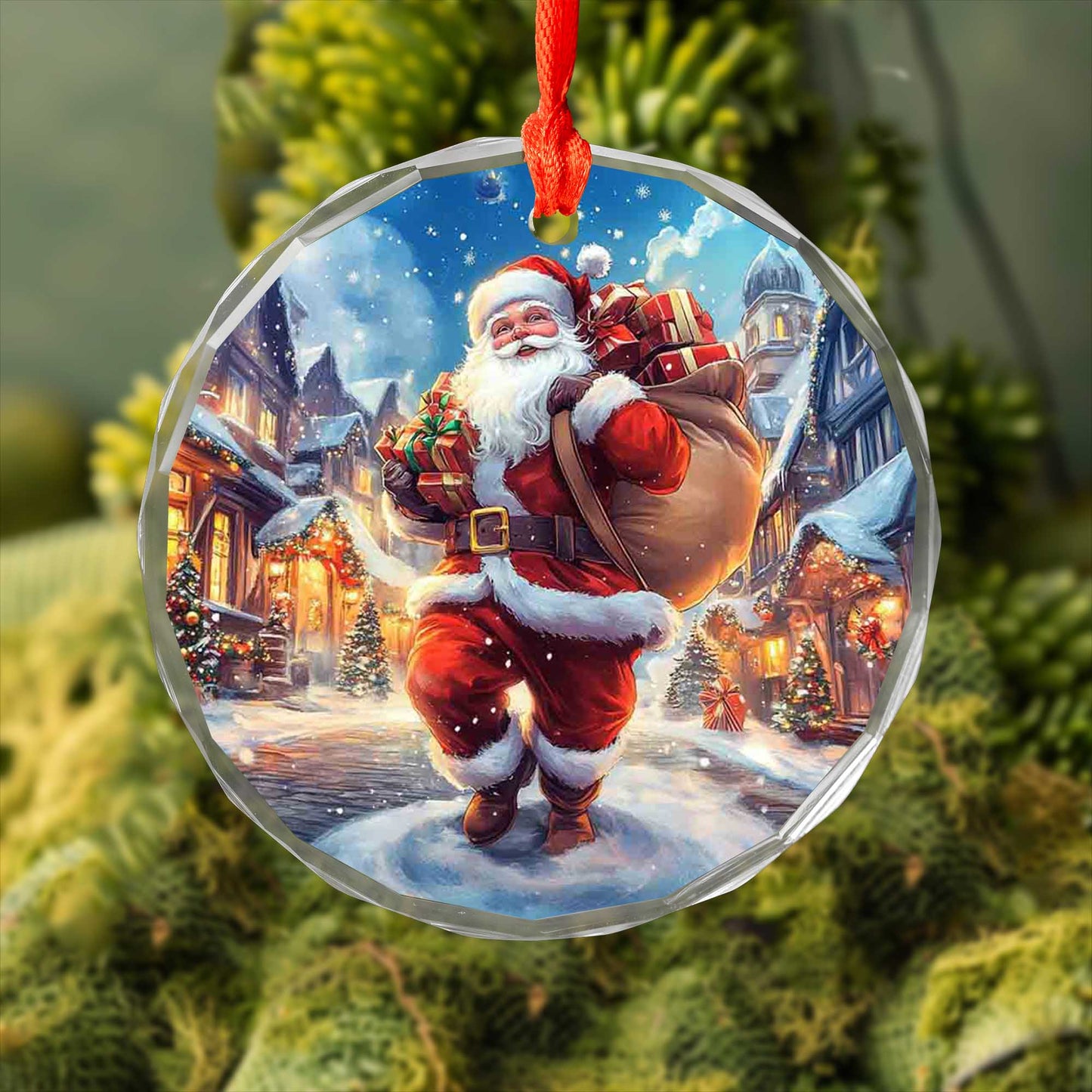 Netecom Jolly Santa Delivering Gifts Glass Ornament – Snowy Christmas Village Scene, Holiday Keepsake Gift, 3-inch