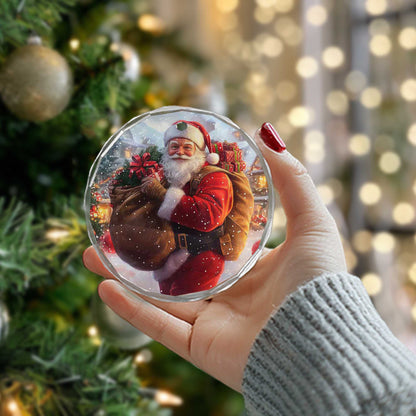 Netecom Jolly Santa Delivering Gifts Glass Ornament – Full Sack & Snowy Village Scene, Holiday Keepsake Gift, 3-inch