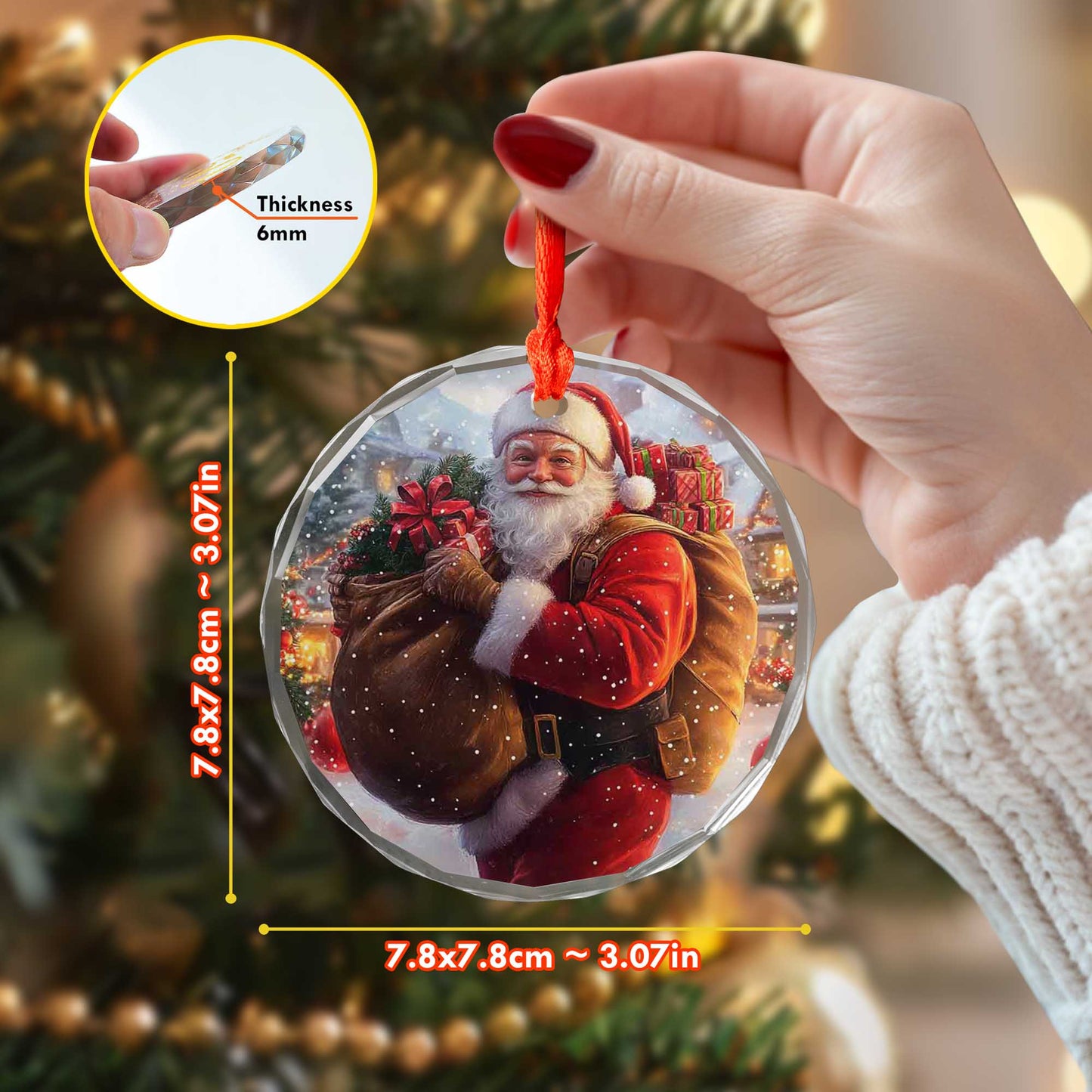 Netecom Jolly Santa Delivering Gifts Glass Ornament – Full Sack & Snowy Village Scene, Holiday Keepsake Gift, 3-inch