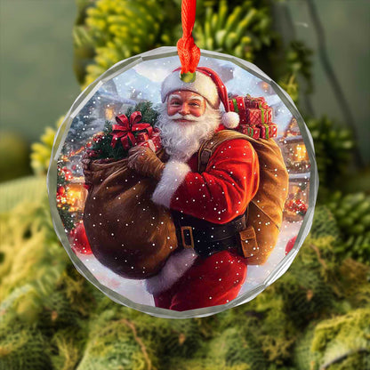 Netecom Jolly Santa Delivering Gifts Glass Ornament – Full Sack & Snowy Village Scene, Holiday Keepsake Gift, 3-inch
