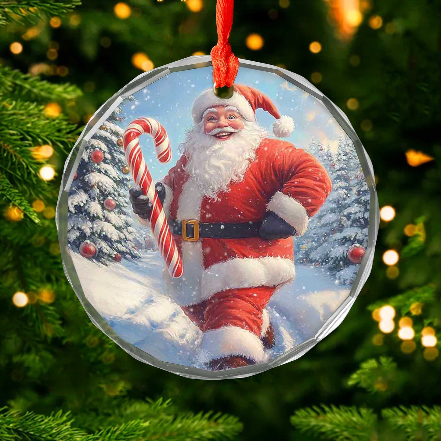 Netecom Jolly Santa with Candy Cane Glass Ornament – Festive Snowy Scene, Christmas Tree Decor & Holiday Keepsake, 3-inch
